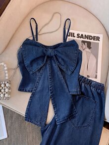 GlowEve Women's Bow Decor Camisole Denim Top - Blue - View 3