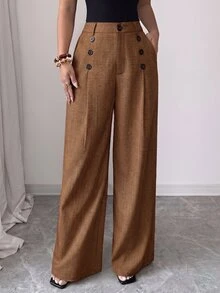 Elenzga Women's Spring/Summer Outing, New Year, Valentine's Day, Easter, Mother's Day, Middle Eastern Style, Wedding, Exquisite, Fashionable, Elegant, Old Money Style, Minimalist, Workplace, Romantic, Vacation, Color Block, Button & Pleat Design, Regular Waist, Wide Leg Suit Pants - Coffee Brown - View 5