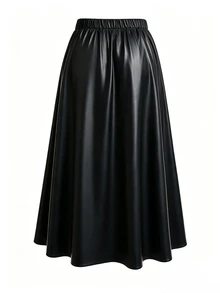 GlowEve CURVE Plus Size Women's Elegant Commuter Versatile PU Leather A-Line Ruched Skirt With Decorative Buckle, Autumn/Winter Fall - Black - View 2