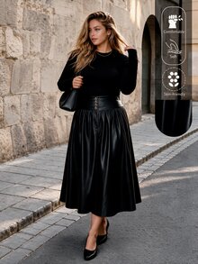 GlowEve CURVE Plus Size Women's Elegant Commuter Versatile PU Leather A-Line Ruched Skirt With Decorative Buckle, Autumn/Winter Fall - Black - View 8