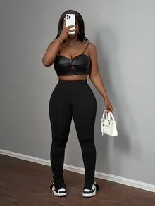Slaydiva Casual All-Match Solid Plain Black Knit Elastic Waist With Slit Bottom Flare Pants Going Out Summer - Black - View 5