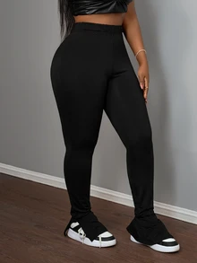 Slaydiva Casual All-Match Solid Plain Black Knit Elastic Waist With Slit Bottom Flare Pants Going Out Summer - Black - View 7