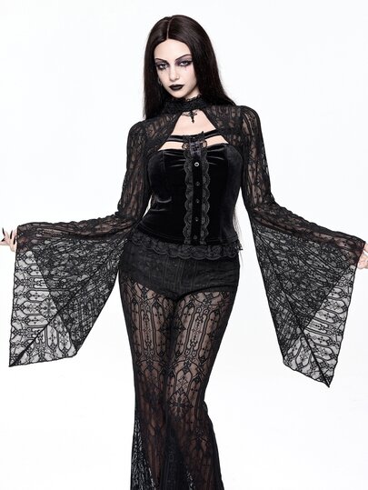 Goth Top de mujer de terciopelo con mangas acampanadas, patchwork de encaje y colgante de cruz estilo palacio, atuendo gótico oscuro de Halloween