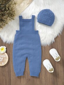 SHEIN Baby Boy Solid Cable Knit Jumpsuit Without Hat And Tee Autumn Fall - Blue - View 2