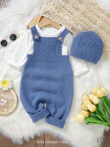 SHEIN Baby Boy Solid Cable Knit Jumpsuit Without Hat And Tee Autumn Fall - Blue - View 1