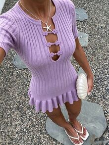 SHEIN Unity Women's Frog Button Design Short Sleeve Sexy Cute Knit Dress Vacation Light Purple Autumn - Purple - View 4
