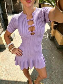 SHEIN Unity Women's Frog Button Design Short Sleeve Sexy Cute Knit Dress Vacation Light Purple Autumn - Purple - View 3
