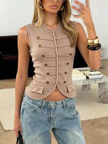 Allurite Women's Solid Color V-Neck Button Design Casual Retro Elegant Knit Vest Work Date Camel Autumn Napoleon Jacket - Khaki - View 3