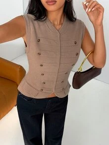 Allurite Women's Solid Color V-Neck Button Design Casual Retro Elegant Knit Vest Work Date Camel Autumn Napoleon Jacket - Khaki - View 7