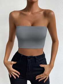 Allurite Dark Grey Solid Strapless Tube Crop Top For Women,Slim Fit Stretchy Cropped Tank Top,Summer Basic Sexy Minimalist Going Out Outfit For Beach Vacation - Grey - View 7
