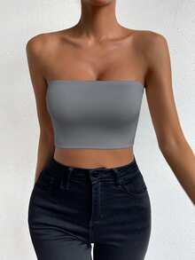 Allurite Dark Grey Solid Strapless Tube Crop Top For Women,Slim Fit Stretchy Cropped Tank Top,Summer Basic Sexy Minimalist Going Out Outfit For Beach Vacation - Grey - View 8