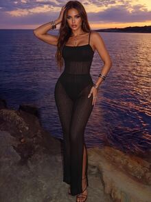 Allurite 2026 Spring/Summer New Black Textured Pleated Mesh Jumpsuit, Sexy Rave Spaghetti Strap Slit Flare Leg Pants, Resort Vacation Outfit Beach Night Out - Black - View 8