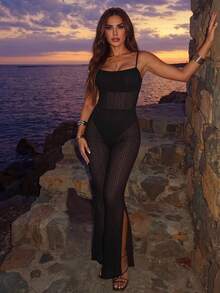 Allurite 2026 Spring/Summer New Black Textured Pleated Mesh Jumpsuit, Sexy Rave Spaghetti Strap Slit Flare Leg Pants, Resort Vacation Outfit Beach Night Out - Black - View 4