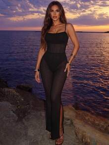 Allurite 2026 Spring/Summer New Black Textured Pleated Mesh Jumpsuit, Sexy Rave Spaghetti Strap Slit Flare Leg Pants, Resort Vacation Outfit Beach Night Out - Black - View 7