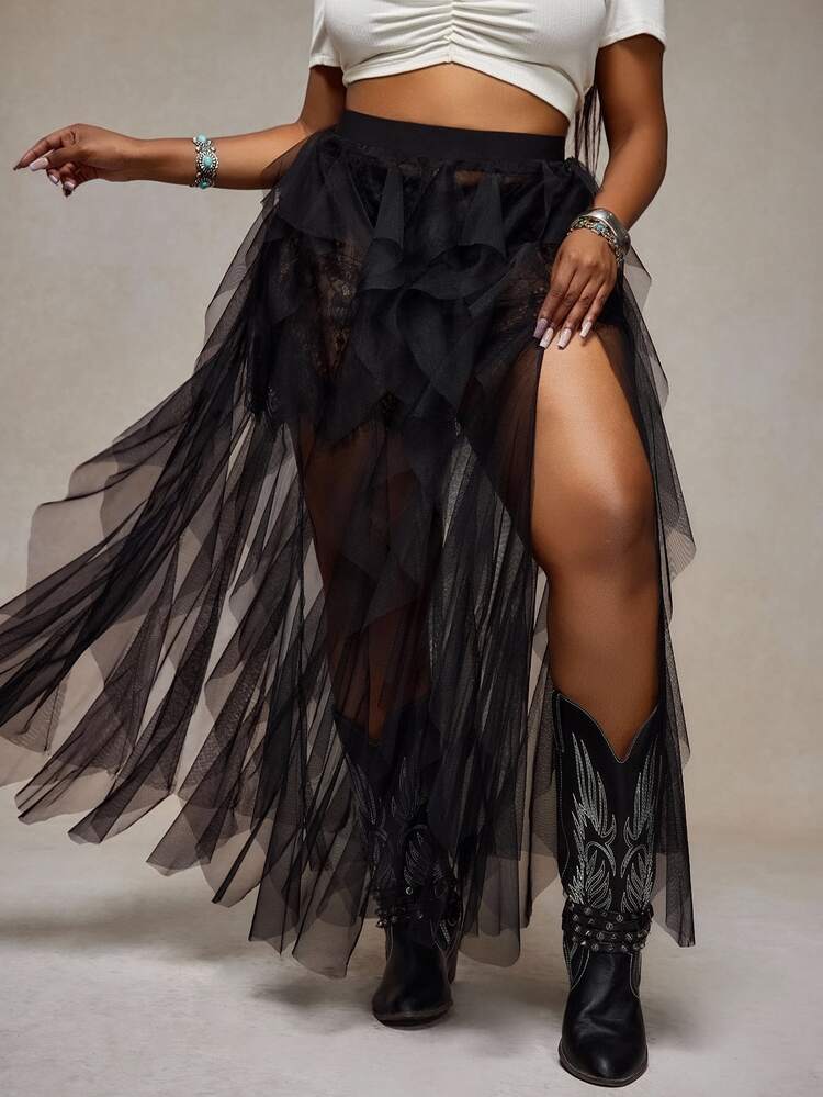 Slaydiva Rok Transparan Hitam Boho Pinggang Elastis Musim Semi/Panas, Festival Musik Rave, Gaya Nomaden Barat Nashville, Pakaian Liburan, Berjemur di Pantai, Kasual - Hitam - View 8