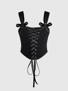 ROMWE Bustier Beludru Bertali Kupu-Kupu Berhiaskan Berlian Imitasi Gaya Goth Vintage, Dapat Diatur Ukurannya - Hitam - View 8