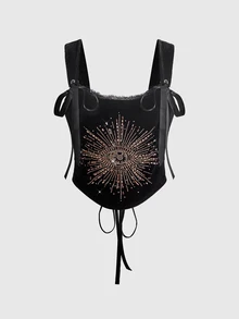 ROMWE Bustier Beludru Bertali Kupu-Kupu Berhiaskan Berlian Imitasi Gaya Goth Vintage, Dapat Diatur Ukurannya - Hitam - View 7