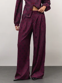 Nöista Burgundy Floral And Polka Dot Set With A High-Neck Blouse, Frog-Button Fastening And Puff Sleeves, Paired With Wide-Leg Trousers. A Cute Fall Style.. - Burgundy - View 6