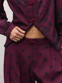 Nöista Burgundy Floral And Polka Dot Set With A High-Neck Blouse, Frog-Button Fastening And Puff Sleeves, Paired With Wide-Leg Trousers. A Cute Fall Style.. - Burgundy - View 9