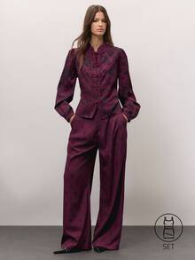 Nöista Burgundy Floral And Polka Dot Set With A High-Neck Blouse, Frog-Button Fastening And Puff Sleeves, Paired With Wide-Leg Trousers. A Cute Fall Style.. - Burgundy - View 3