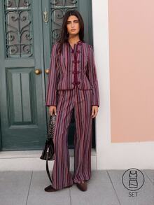 Nöista Setelan Dua Potong Bergaris Gaya Cina Warna Burgundy, Elegan, Cocok untuk Musim Gugur/Dingin, Kasual, Chic, untuk Acara Jalan-jalan. - Burgundy - View 3