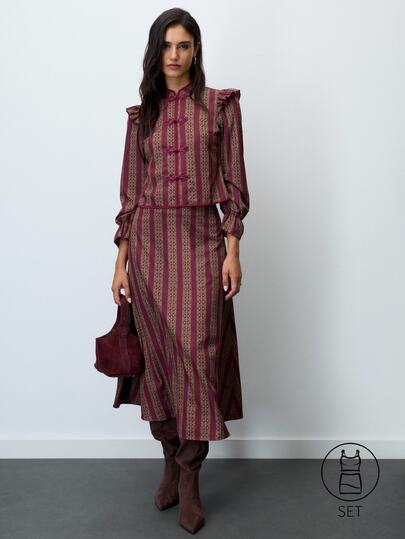 Nöista Printed Two Pieces Set With Chinese Knot Buttons. Fall Winter, Elegant, Country Style, Going Out.