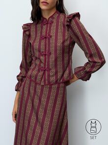 Nöista Printed Two Pieces Set With Chinese Knot Buttons. Fall Winter, Elegant, Country Style, Going Out. - Purple - View 3