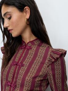 Nöista Printed Two Pieces Set With Chinese Knot Buttons. Fall Winter, Elegant, Country Style, Going Out. - Purple - View 2