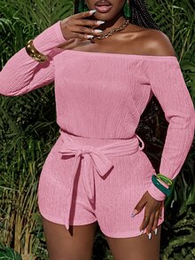 Slaydiva Women's Soft Pink Summer Casual Vacation Holiday Jumpsuit,One-Shoulder Long-Sleeved Raglan Loose Slim-Fitting Shorts Waist Straps Knitted Fabric - Pink - View 10
