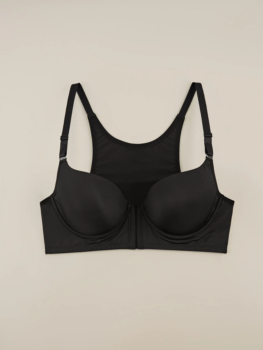 Bralution Black Underwire Molded Cup High Support Push-Up Lifting Front Closure Side-Smoothing Minimalist Comfortable Plus Size Bra - Black - View 1