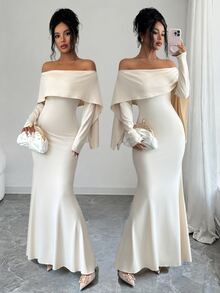 Elenzga Elegant Party Dinner Cocktail Dinner Shawl Open Shoulder Long Sleeve Mermaid Cream White Dress Wedding Autumn Wedding Wedding - Apricot - View 5