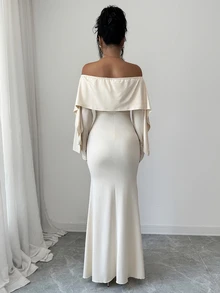 Elenzga Elegant Party Dinner Cocktail Dinner Shawl Open Shoulder Long Sleeve Mermaid Cream White Dress Wedding Autumn Wedding Wedding - Apricot - View 2