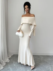 Elenzga Elegant Party Dinner Cocktail Dinner Shawl Open Shoulder Long Sleeve Mermaid Cream White Dress Wedding Autumn Wedding Wedding - Apricot - View 4