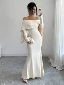 Elenzga Elegant Party Dinner Cocktail Dinner Shawl Open Shoulder Long Sleeve Mermaid Cream White Dress Wedding Autumn Wedding Wedding - Apricot - View 3