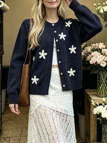Cévolie Women's Applique Decor Long Sleeve Single-Breasted Knit Cardigan - Blue - View 5