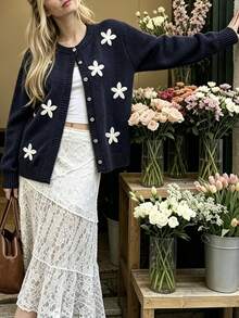 Cévolie Women's Applique Decor Long Sleeve Single-Breasted Knit Cardigan - Blue - View 7