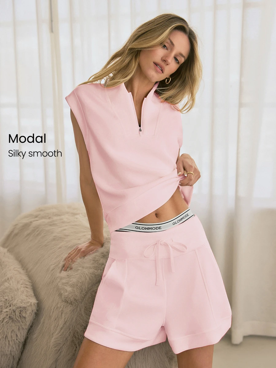GLOWMODE SoftCalm Modal Easy Does It Soft Silky-Smooth Breathable Half-Zip Short-Sleeve Sweatshirt Daily Casual Wear - Baby Pink - View 1