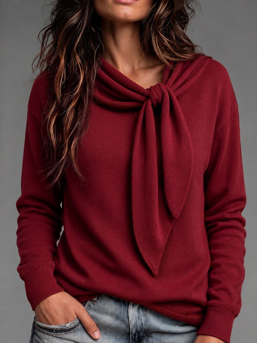 Breezaya Women's Solid Color Tie-Front Long Sleeve Top - Burgundy - View 1
