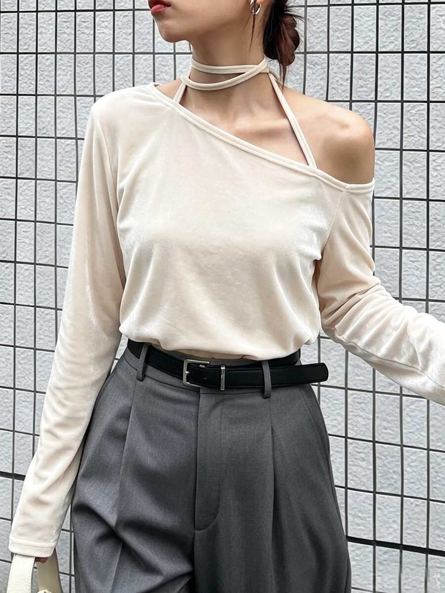 FRIFUL 女款純色不對稱肩休閒百搭日常長袖T恤 秋季 - 米色 - 查看 1