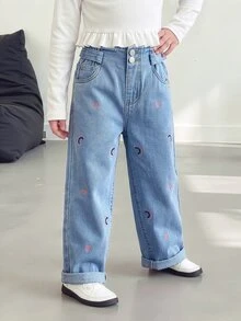 SHEIN 女童可愛甜美彩虹愛心印花度假鄉村風牛仔女郎西式牛仔褲，假期，淺藍色水洗丹寧，暑假 - 中等水洗藍 - 查看 10