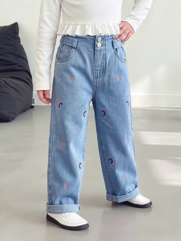 SHEIN Young Girl Cute Sweet Rainbow Heart Print Vacation Country Style Cowgirl Western Jeans, Holiday, Baby Blue Washed Denim, Summer Break; Girls - Medium Wash - View 10