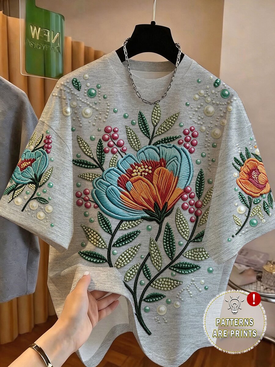 EMERY ROSE [Printed Design] Dark Green Floral Round Neck Short Sleeve Fashionable Plus Size T-Shirt, Vacation Summer Smart Casual Elegant Tea Party - Multicolor - View 1