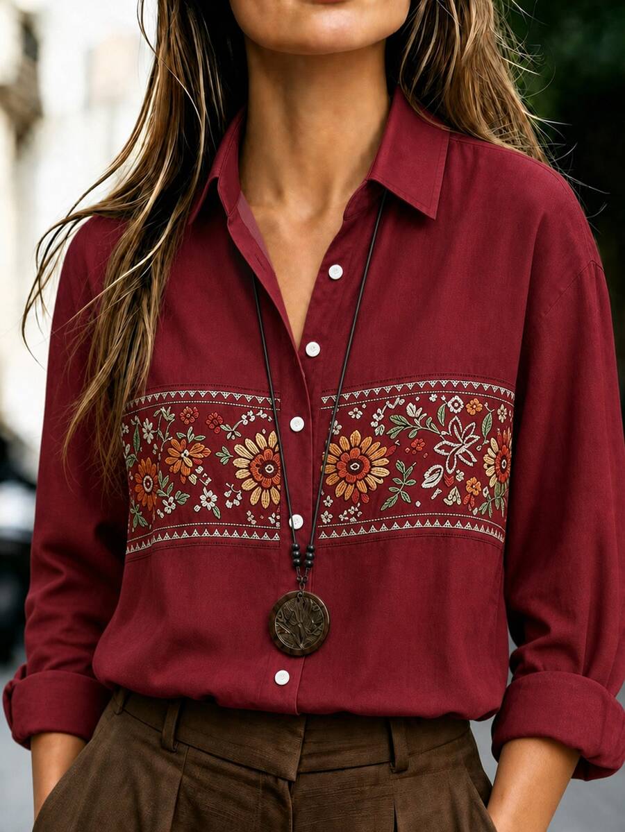 SHEIN Holidaya Women's Casual Floral Print Shirt For Vacation - Red - View 1