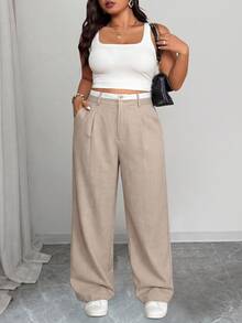 SHEIN CURVE+ Plus Size Women's Colorblock Waist Straight Leg Pants Fall - Multicolor - View 9