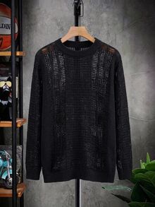 STEELVANCE Men's Solid Color Crew Neck Long Sleeve Distressed Sweater - Black - View 2