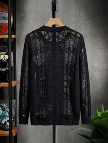 STEELVANCE Men's Solid Color Crew Neck Long Sleeve Distressed Sweater - Black - View 3