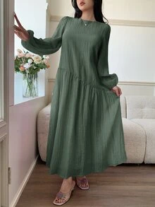 Solavon New Solid Color Loose Fit Comfortable Vacation Versatile Lantern Sleeve Dress  Unlined Sleeves Unlined Sleeves Unlined Sleeves Unlined Sleeves - Army Green - View 6