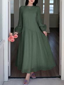 Solavon New Solid Color Loose Fit Comfortable Vacation Versatile Lantern Sleeve Dress  Unlined Sleeves Unlined Sleeves Unlined Sleeves Unlined Sleeves - Army Green - View 3