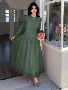 Solavon New Solid Color Loose Fit Comfortable Vacation Versatile Lantern Sleeve Dress  Unlined Sleeves Unlined Sleeves Unlined Sleeves Unlined Sleeves - Army Green - View 5