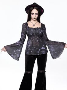 ROMWE Goth 女款哥德風星座印花抓皺蝙蝠袖方領上衣，萬聖夜黑紫色 - 紫色 - 查看 5